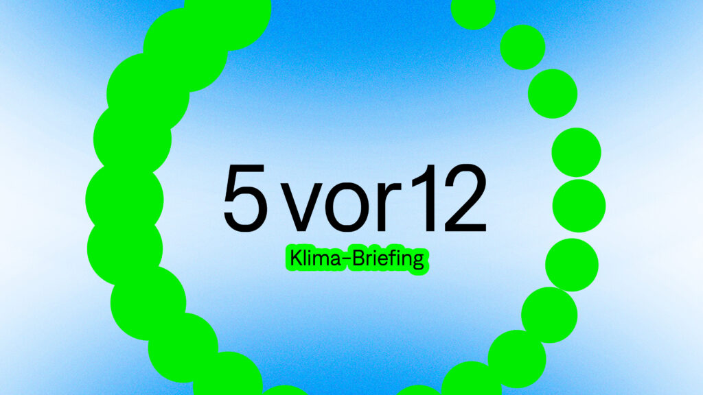 Banner 5vor12 Klima-Briefing in neongrün-blau