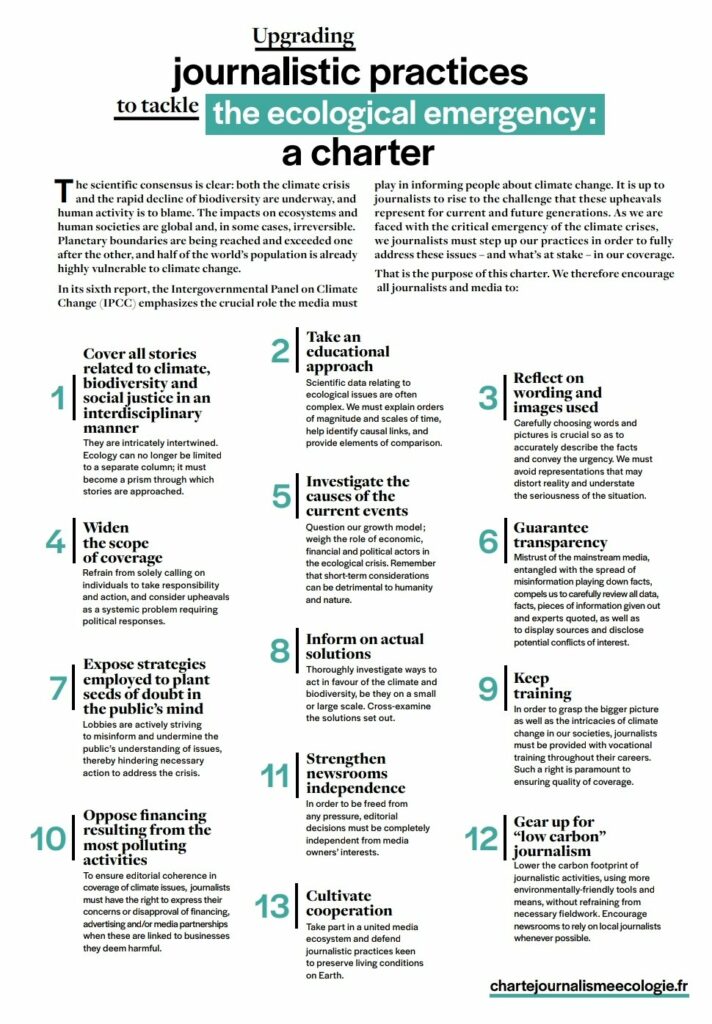 Die 13 Leitlinien der Klimacharta für eine klimarealistische Berichterstattung in Frankreich. Details: https://chartejournalismeecologie.fr/