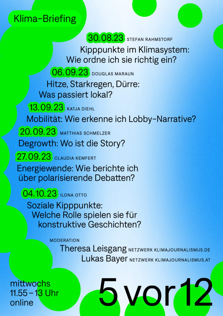 Flyer zum 5vor12 Klima-Briefing in den Farben blau und giftgrün mit allen 6 Speaker:innen. Details und Anmeldung: https://tally.so/r/mOlyM7