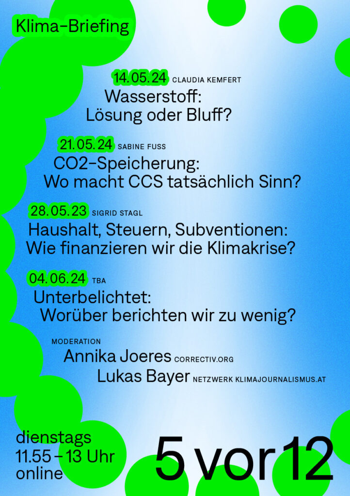 Übersicht 5vor12 Klima-Briefing Staffel 2 mit Annika Joeres und Lukas Bayer (Moderation). Gäste: Claudia Kemfert, Sabine Fuss, Sigrid Stagl und andere.